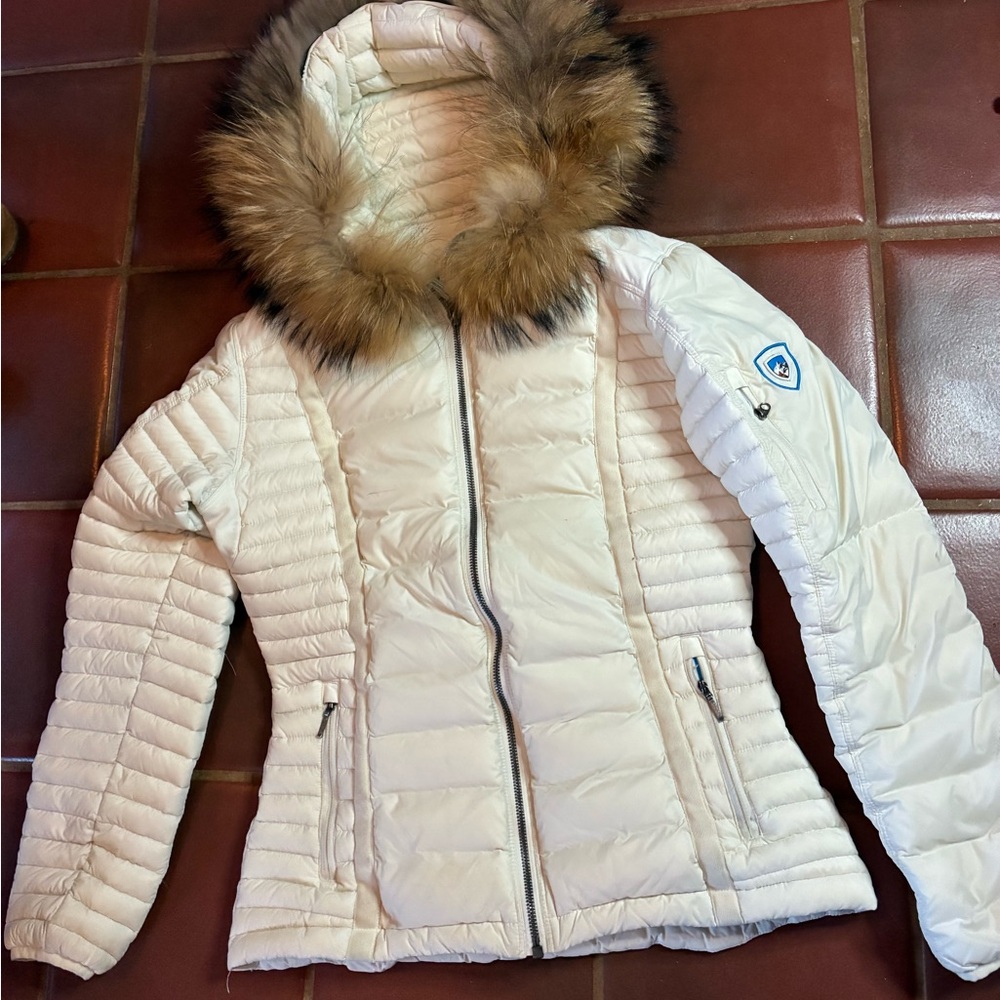 Womens White Quilted Hooded Puffer Jacket with Fur Trim